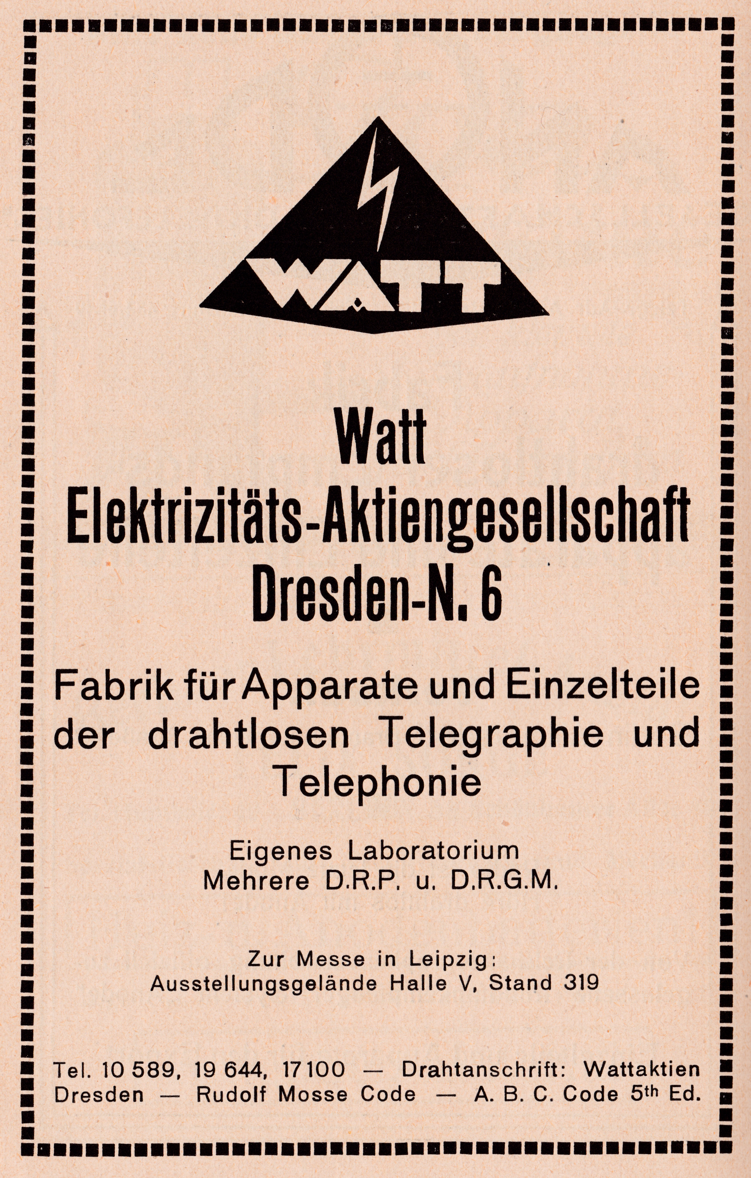 Werbung Watt Elektrizitäts-AG Dresden